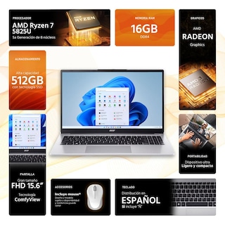Foto 2 | Laptop Acer Aspire Lite 15 Amd Ryzen 7 5825u 16gb Ram 512gb Ssd 15.6'' Windows 11 Home Teclado En Español + Mouse Dxt