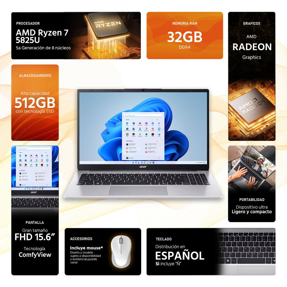 Foto 3 pulgar | Laptop Acer Aspire Lite 15 Amd Ryzen 7 5825u 32gb Ram 512gb Ssd 15.6'' Windows 11 Home Teclado En Español + Mouse Dxt