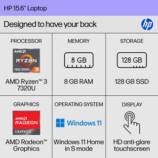 Foto 2 | Laptop Hp Con Pantalla Táctil Hd De 15.6 Pulgadas Ryzen 3 7320u 8 Gb Ram 128 Gb Ssd - Venta Internacional.
