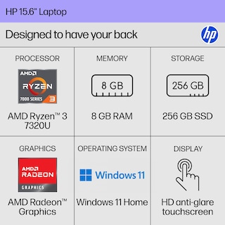 Foto 2 | Ordenador Portátil Hp Con Pantalla Táctil Hd De 15 6 Pulgadas Amd Ryzen 3 7320u De 8 Gb/256 Gb - Venta Internacional.