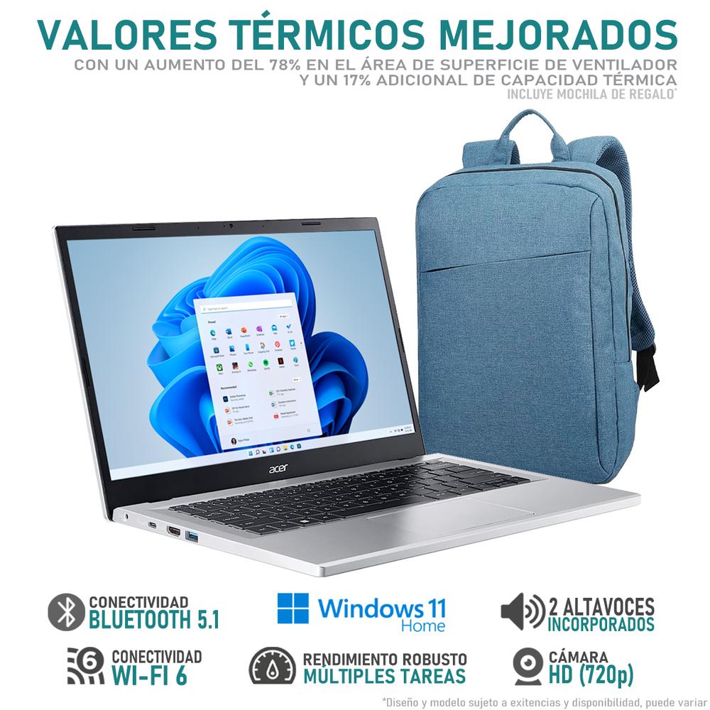 Foto 4 pulgar | Laptop Acer Aspire 3 Intel Core I3 N305 8gb Ram 128gb Ssd 14'' Windows 11 Home Modo S Teclado En Ingles + Mochila