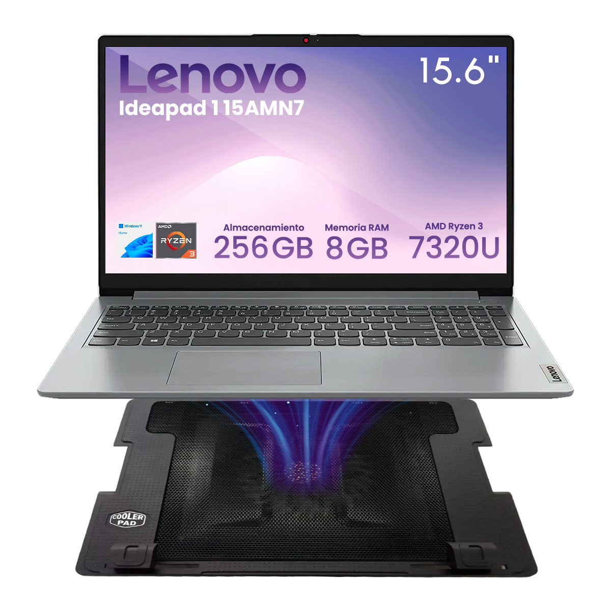 Combo Laptop Lenovo Ideapad 1 15amn7 Amd Ryzen 3-7320u 8gb 256gb Ssd Fhd W11h Gris + Base Enfriadora