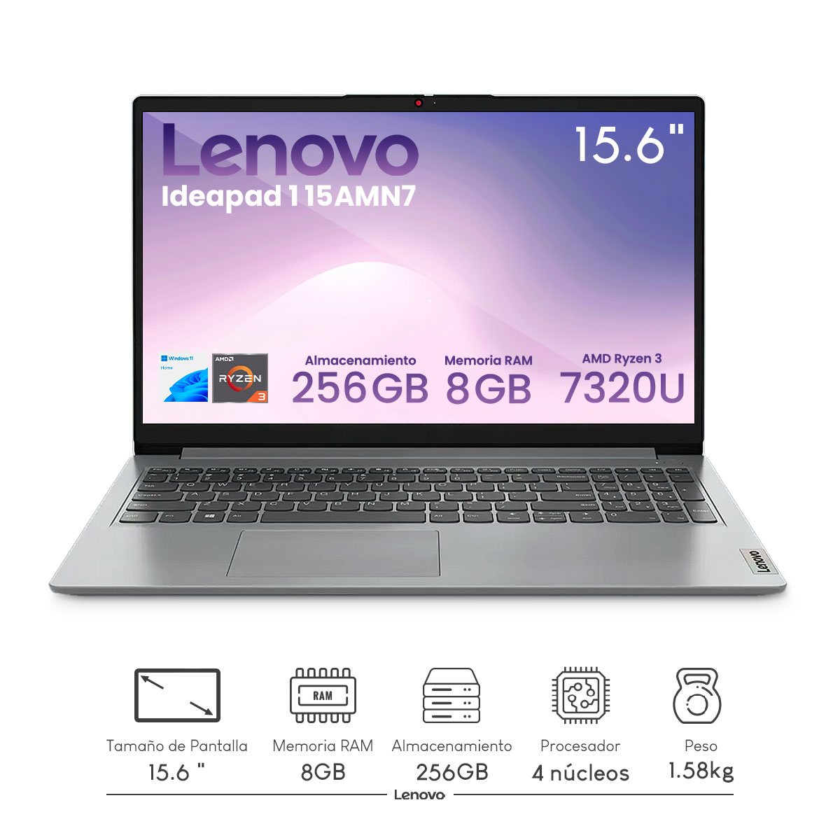 Foto 3 pulgar | Combo Laptop Lenovo Ideapad 1 15amn7 Amd Ryzen 3-7320u 8gb 256gb Ssd Fhd W11h Gris + Base Enfriadora