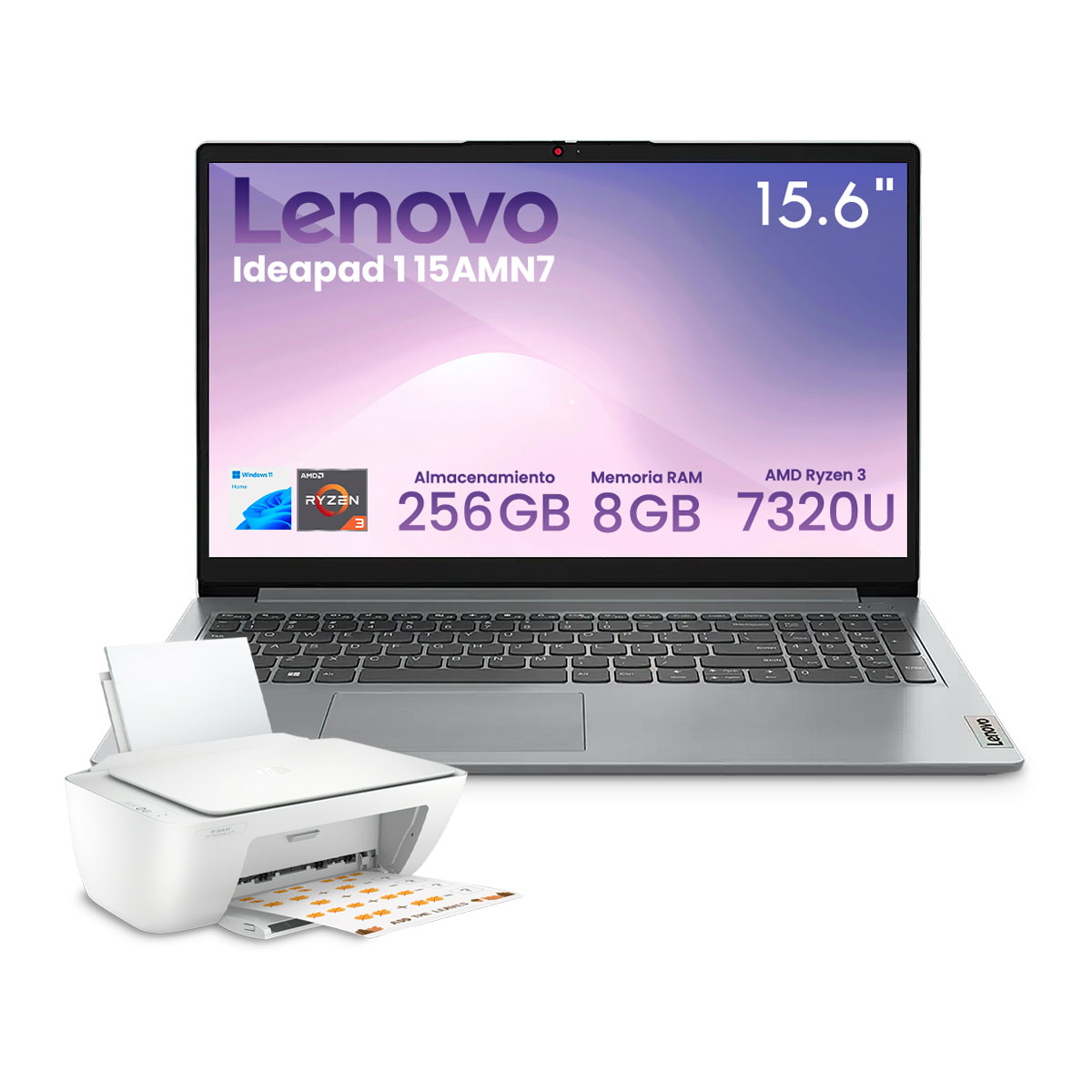 Laptop Lenovo Ideapad 1 15amn7 Amd Ryzen 3-7320u 8gb 256gb Ssd Fhd W11h Gris + Impresora Hp