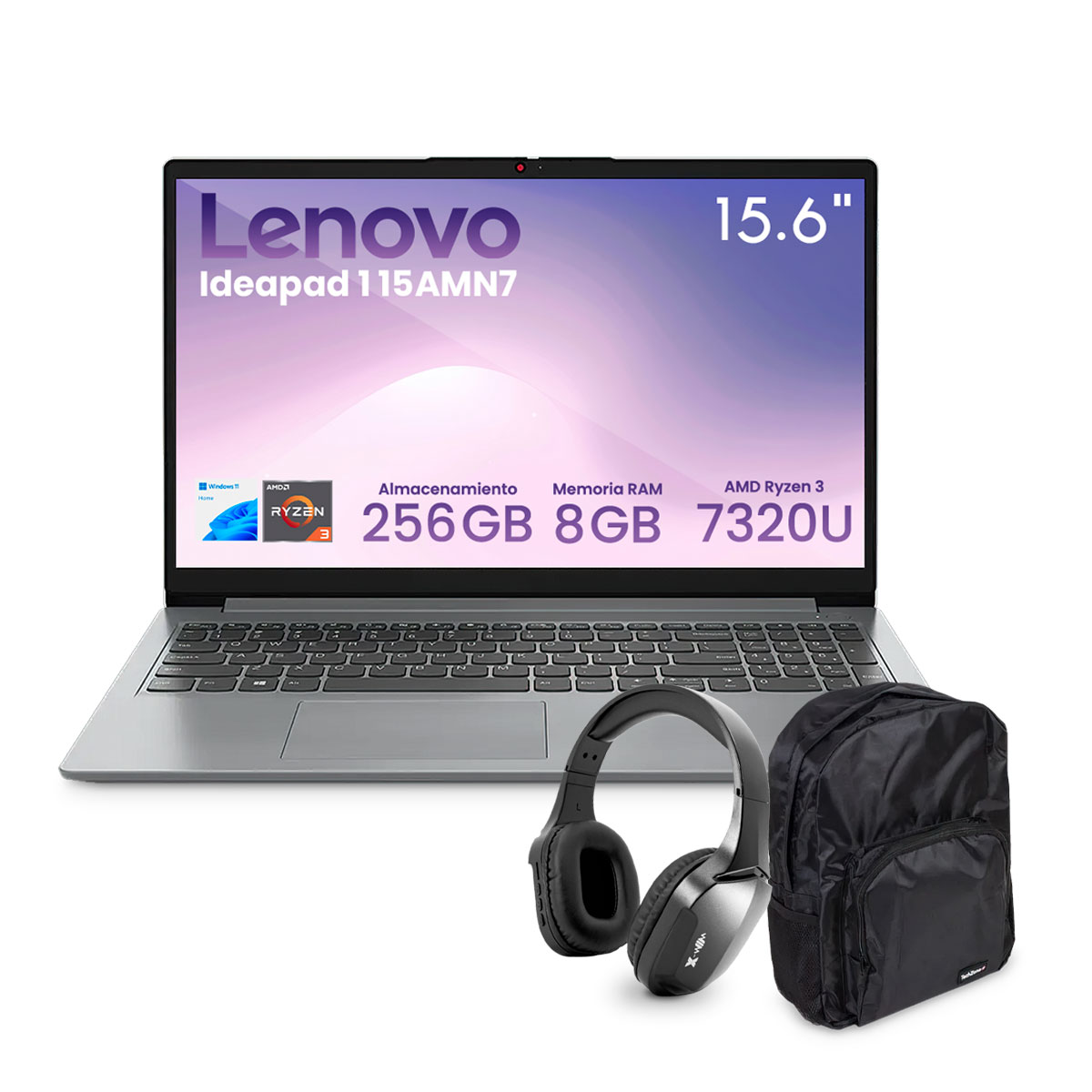 Laptop Lenovo Ideapad 1 15amn7 Amd Ryzen 3-7320u 8gb 256gb Ssd Fhd W11h Gris + Audifonos + Mochila
