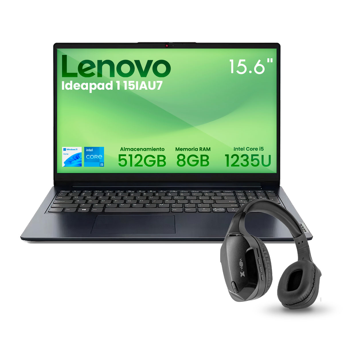 Foto 2 pulgar | Combo Laptop Lenovo Ideapad 1 15iau7 Intel Ci5-1235u 8gb 512gb Touch Ssd W11h Azul + Audifonos Bluetooth