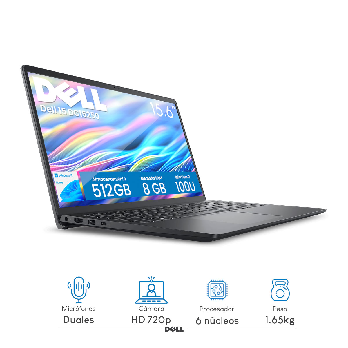 Foto 3 pulgar | Laptop Dell 15 Dc15250 Intel Core I3-100u 6c 8gb Ram 512gb Ssd 15.6'' Fhd Windows 11 Negro Carbón