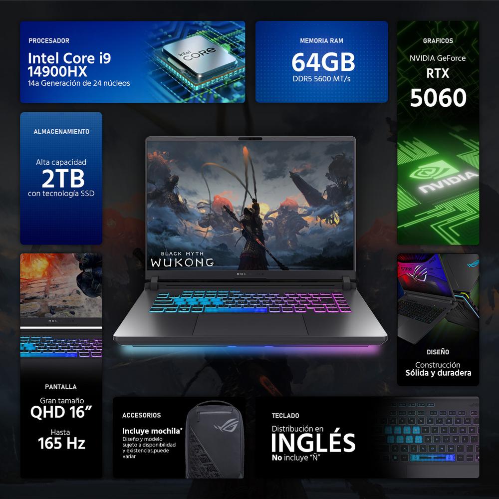 Foto 3 pulgar | Laptop Gamer Asus Rog Strix G16 Nvidia Geforce Rtx 5060 Intel Core I9 14900hx 64gb Ram 2tb Ssd 16'' Teclado En Ingl