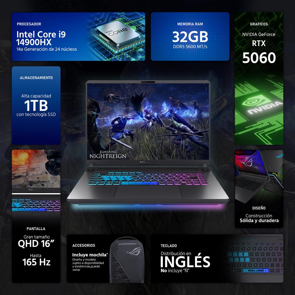Foto 3 pulgar | Laptop Gamer Asus Rog Strix G16 Nvidia Geforce Rtx 5060 Intel Core I9 14900hx 32gb Ram 1tb Ssd 16'' Teclado En Ingl