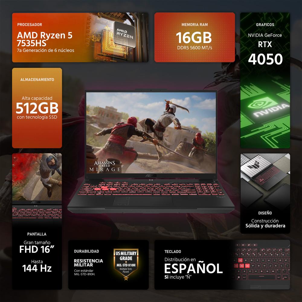 Foto 3 pulgar | Laptop Gamer Asus Tuf Gaming A16 Nvidia Geforce Rtx 4050 Amd Ryzen 5 7535hs 16gb Ram 512gb Ssd 16'' Teclado En Español
