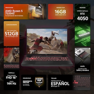 Foto 2 | Laptop Gamer Asus Tuf Gaming A16 Nvidia Geforce Rtx 4050 Amd Ryzen 5 7535hs 16gb Ram 512gb Ssd 16'' Teclado En Español