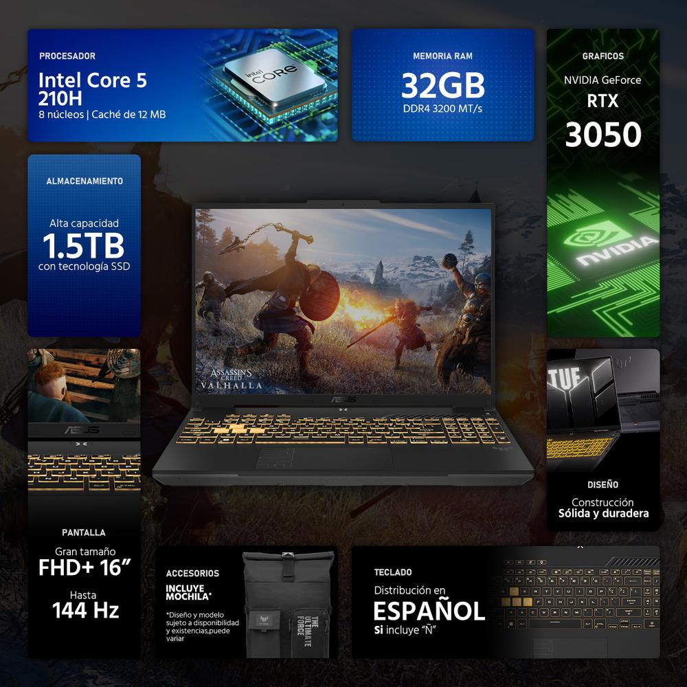 Foto 3 | Laptop Gamer Asus Tuf Gaming F16 Geforce Rtx 3050 Intel Core 5 210h 32gb Ram 1.5tb Ssd 16'' Teclado En Español + Mochil
