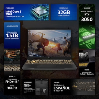 Foto 3 | Laptop Gamer Asus Tuf Gaming F16 Geforce Rtx 3050 Intel Core 5 210h 32gb Ram 1.5tb Ssd 16'' Teclado En Español + Mochil