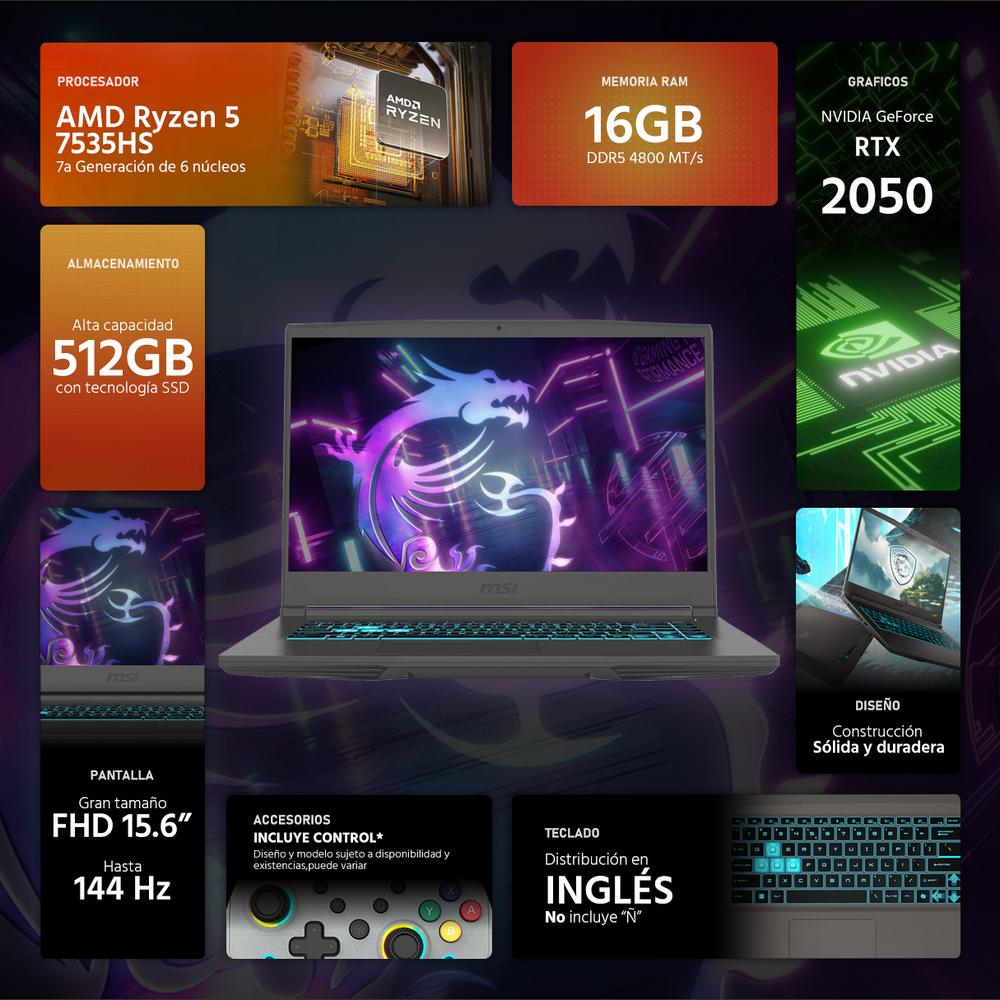 Foto 2 | Laptop Gamer Msi Thin A15 Geforce Rtx 2050 Amd Ryzen 5 7535hs 16gb Ram 512gb Ssd 15.6'' Teclado En Ingles + Control Dxt