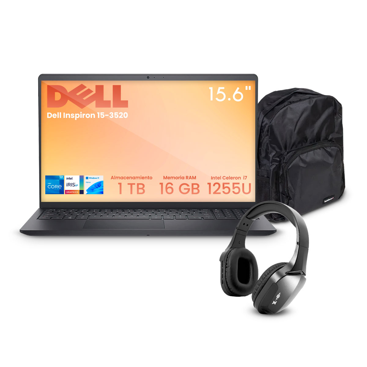 Foto 2 pulgar | Combo Laptop Dell Inspiron 15-3520 Intel Ci7-1255u 16gb 1tb Ssd Fhd W11h Negro + Audifonos Bluetooth Y Mochila