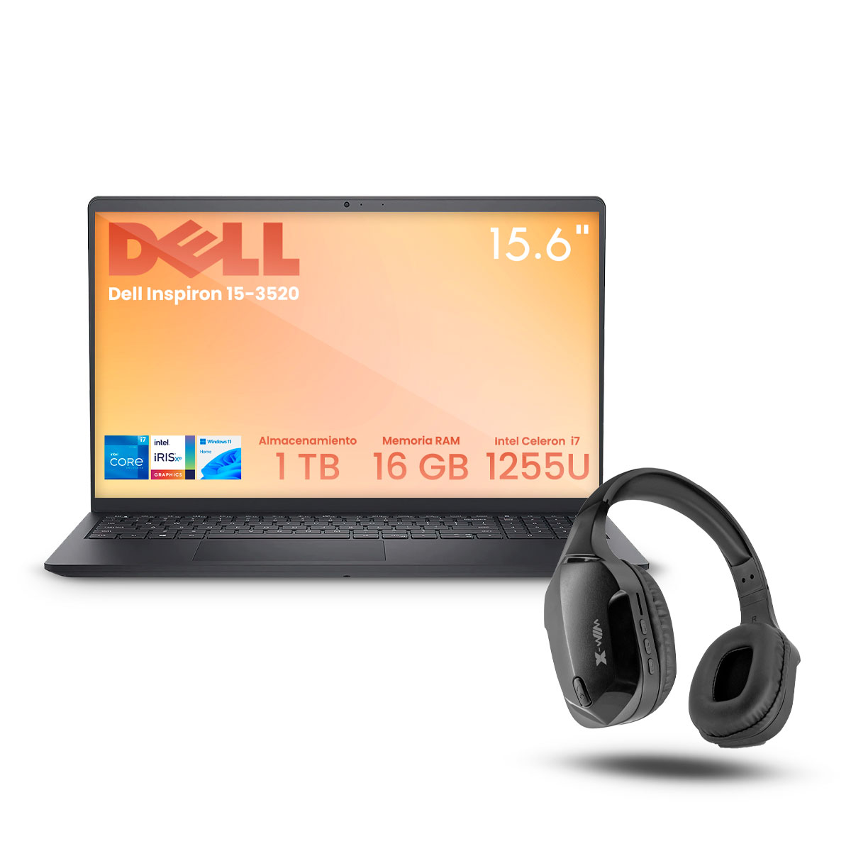 Laptop Dell Inspiron 15-3520 Intel Ci7-1255u 16gb 1tb Ssd Fhd W11h Negro + Audífonos Bluetooth