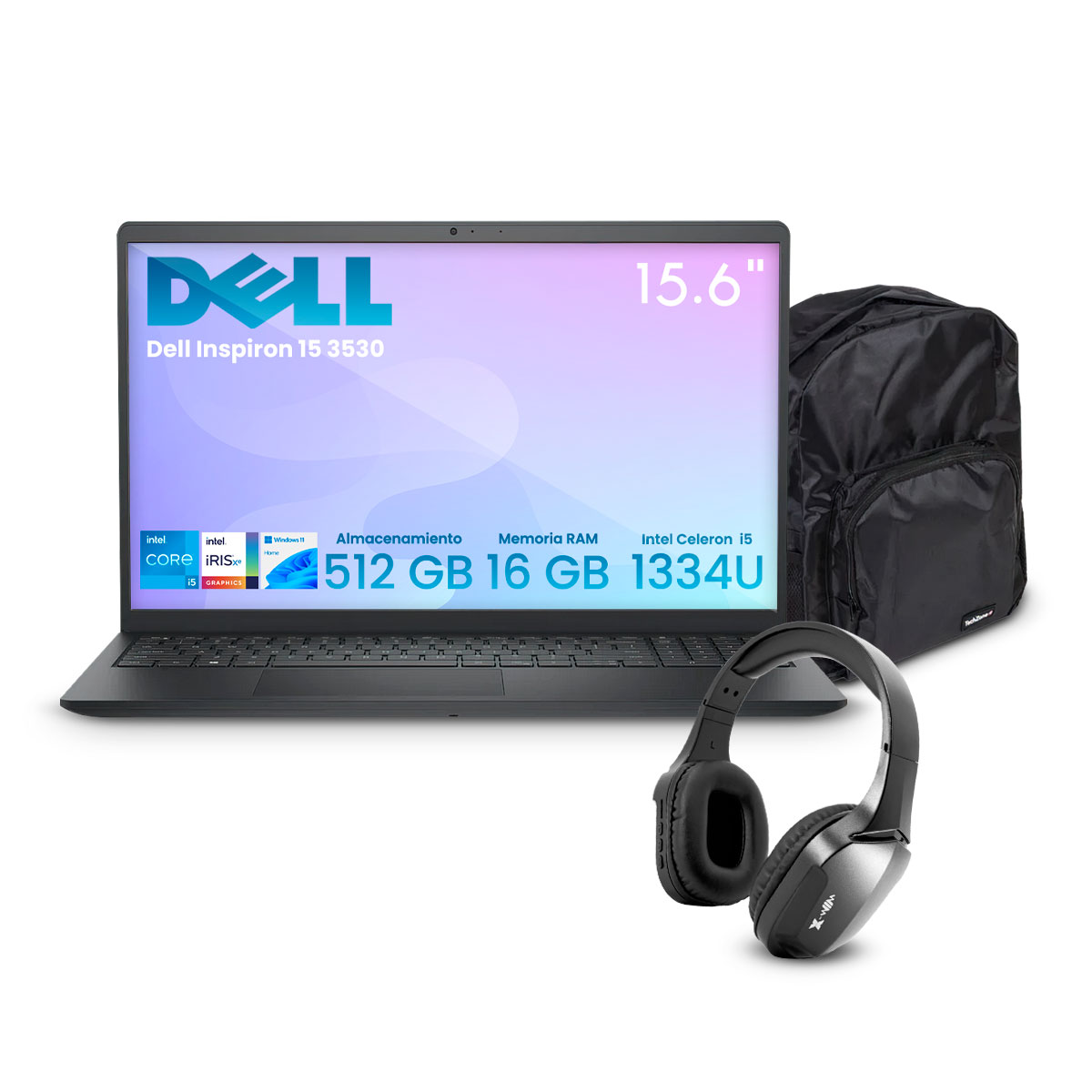 Laptop Dell Inspiron 15 3530 Intel Ci5-1335u 16gb 512gb Ssd Fhd W11h Negro + Audífonos Bluetooth Y Mochila