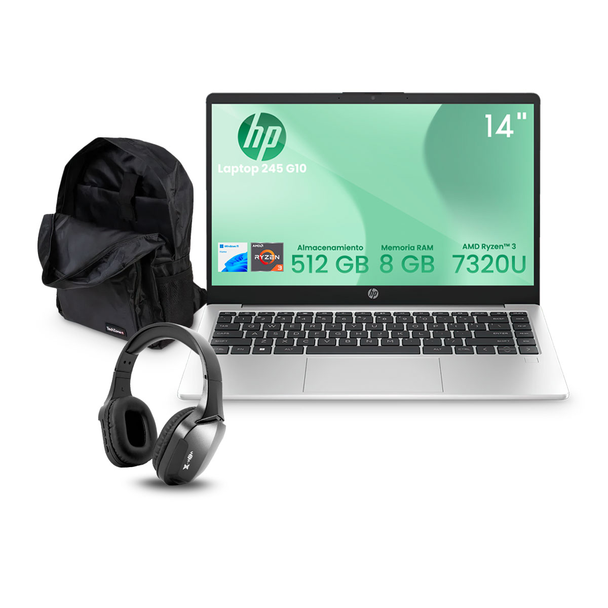 Foto 1 | Laptop HP 245 G10 14 Pulgadas Windows 11 Home AMD Ryzen 3-7330U 8 GB RAM 512 GB SSD Gris + Audífonos Bluetooth y Mochil