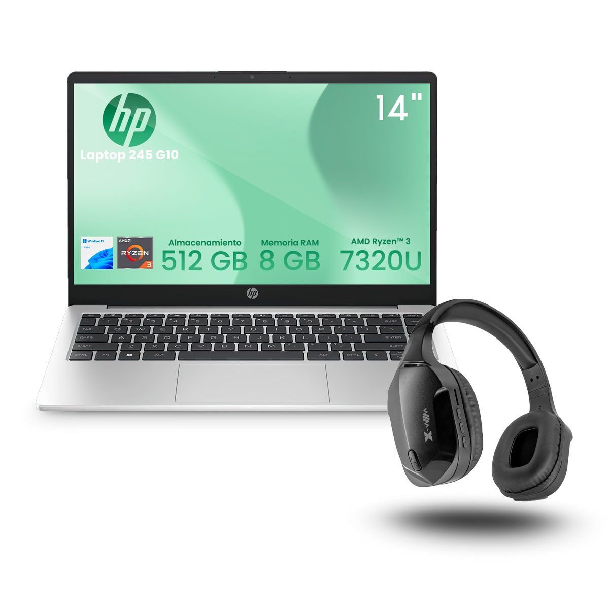 Foto 2 pulgar | Laptop HP 245 G10 14 Pulgadas Windows 11 Home AMD Ryzen 3-7330U 8 GB RAM 512 GB SSD Gris + Audífonos Bluetooth