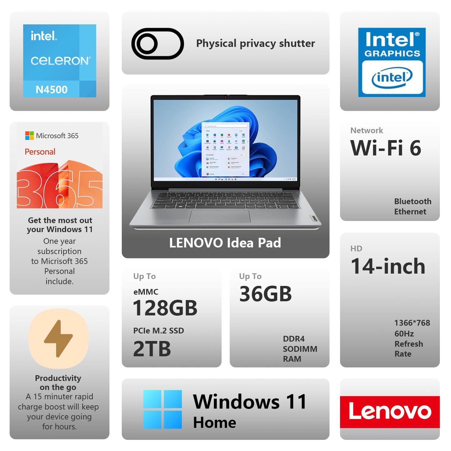 Foto 3 pulgar | Ordenador Portátil Lenovo Ideapad 1 Everyday 14 Hd 8 Gb Ram 384 Gb Ssd - Venta Internacional.