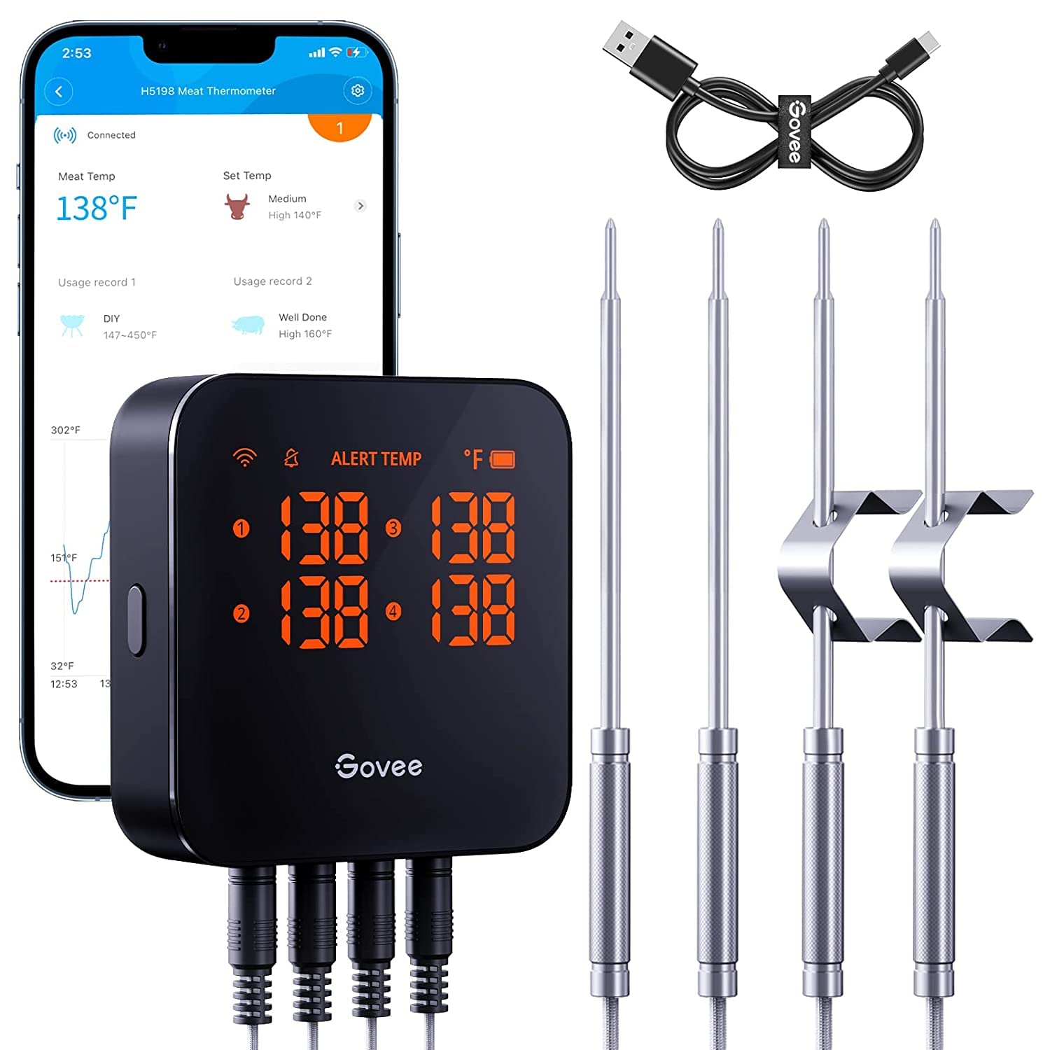 Foto 2 pulgar | Termómetro Para Carne Govee Wifi Con 4 Sondas Bluetooth Recargable - Venta Internacional.