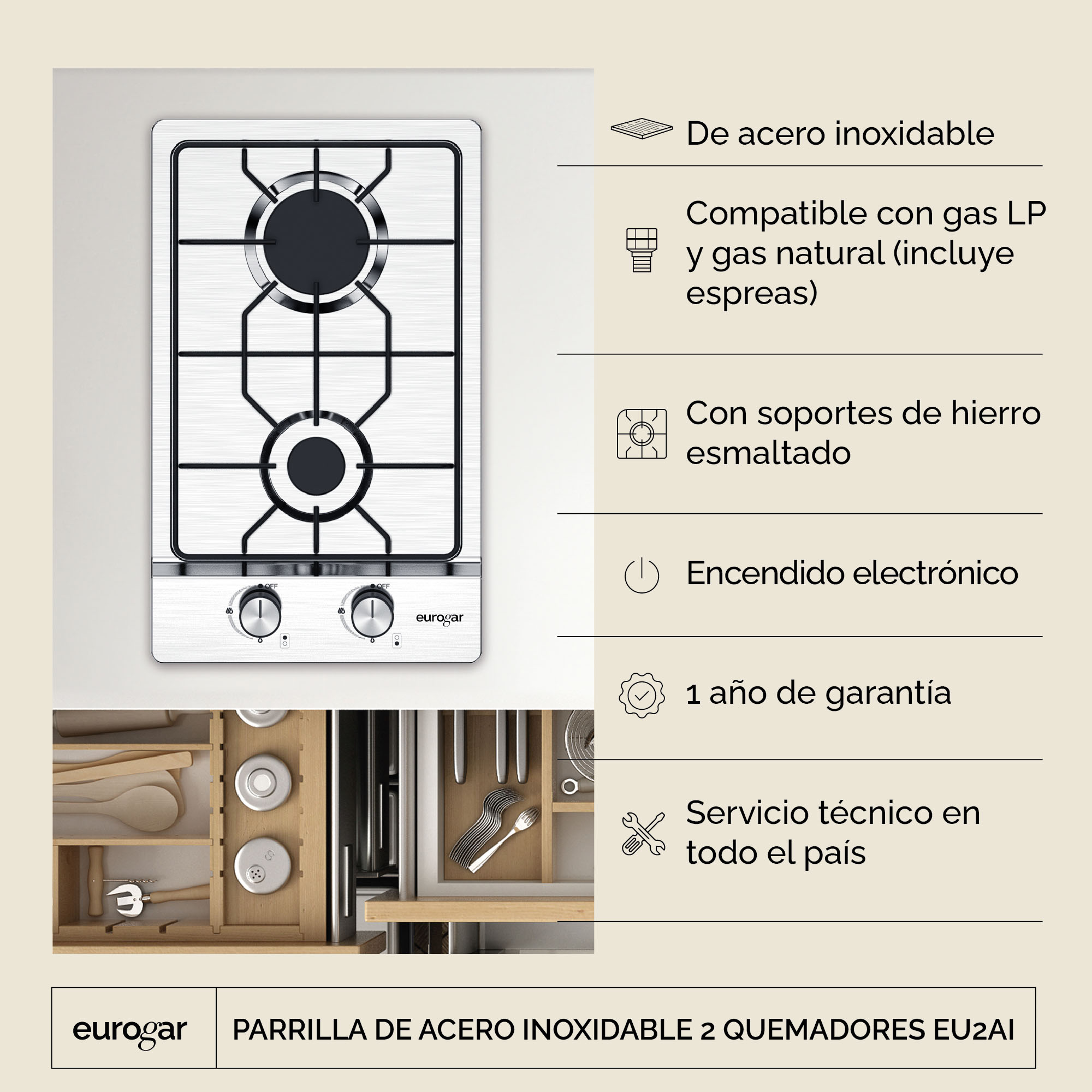 Foto 3 pulgar | Parrilla de Acero Inoxidable Avera Eu2ai 2 Quemadores Encendido Electrónico