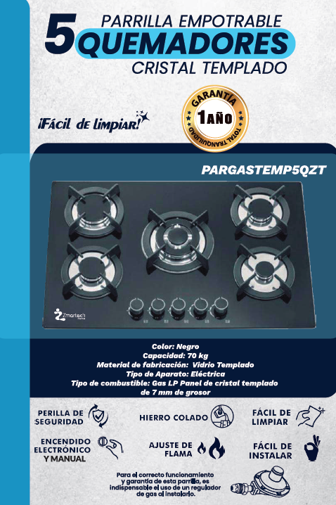 Foto 5 | Parrilla Empotrable Zmartech 5 Quemadores Cristal Templado