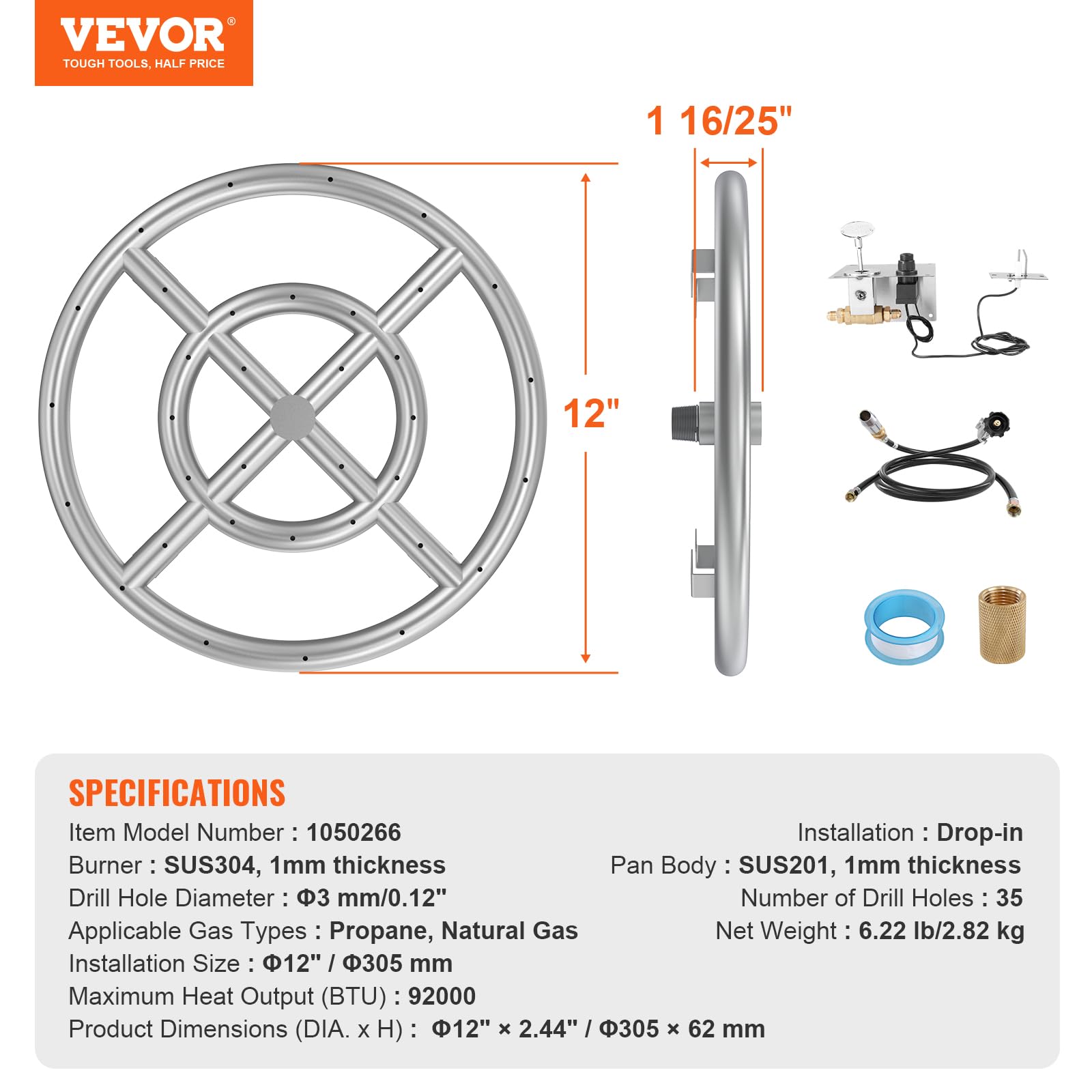 Foto 8 pulgar | Sartén Para Fogatas Vevor Redonda De Acero Inoxidable De 30 Cm Con 92.000 Btu - Venta Internacional.