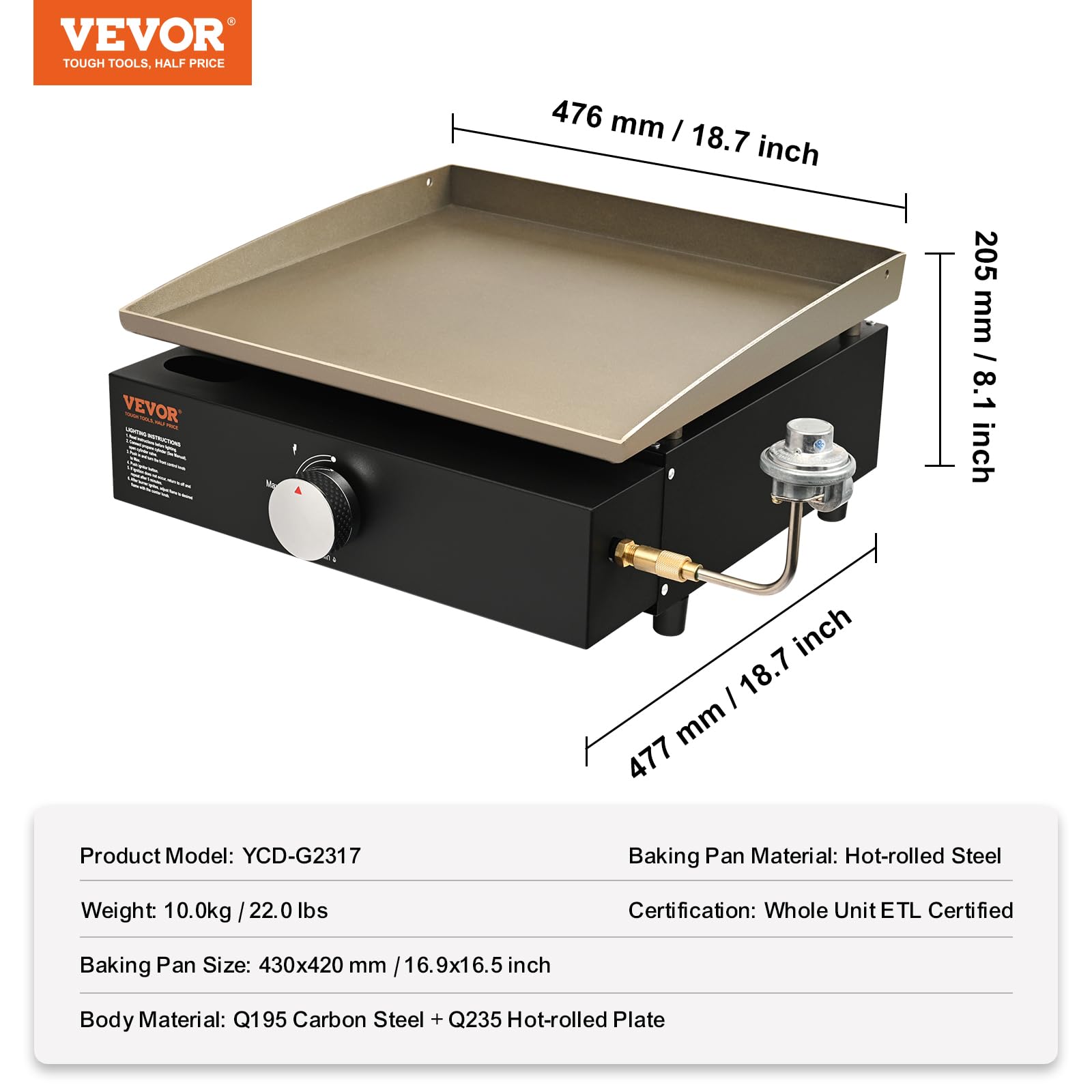 Foto 8 pulgar | Plancha Comercial Vevor De 16.9 L, Manual, Con Tapa Plana, Gas Natural - Venta Internacional.