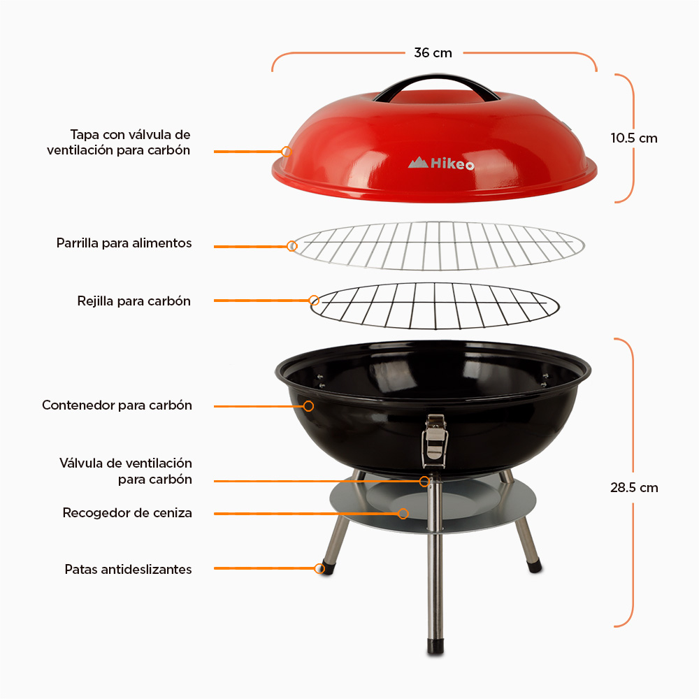 Foto 8 pulgar | Asador de Carbón Redlemon Hikeo 83344 Parrilla Portátil 36 cm Rojo con Negro