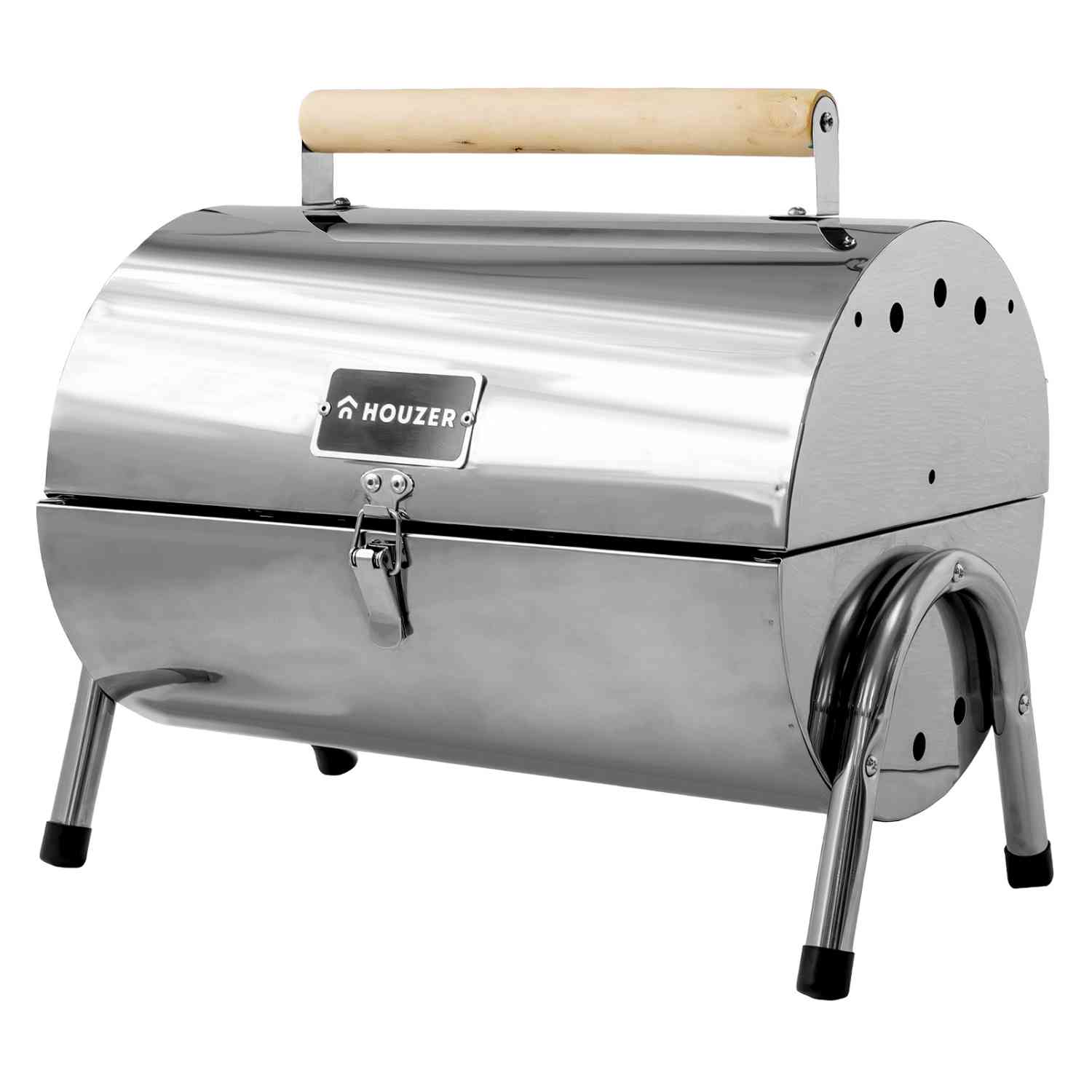 Asador Carbón Portátil Tipo Barril Cromado 2 Parrillas 42 x 35 Plata