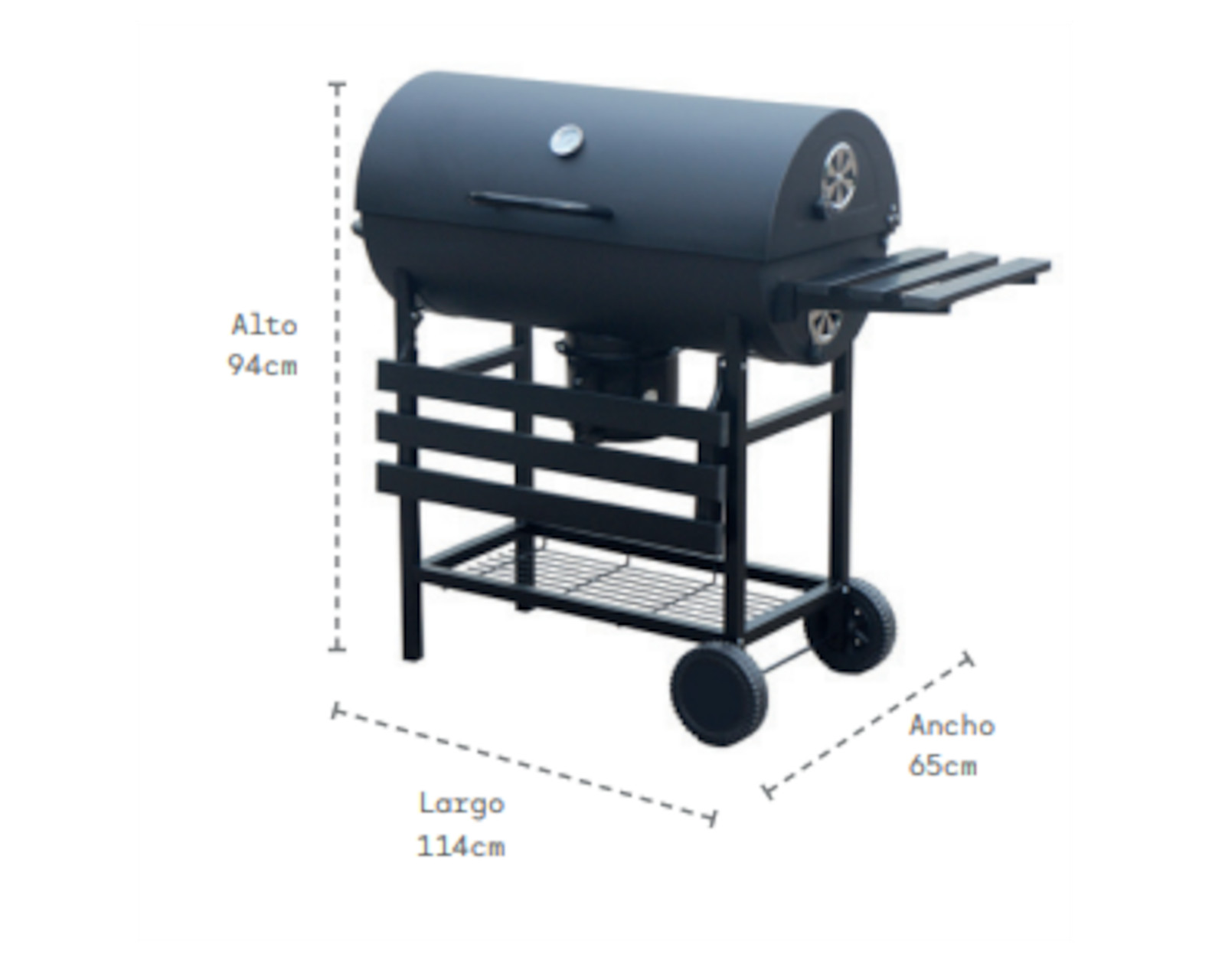 Asador De Carbon Tipo Barril Con Mesas De Trabajo Y Termómetro - 45'' Largo