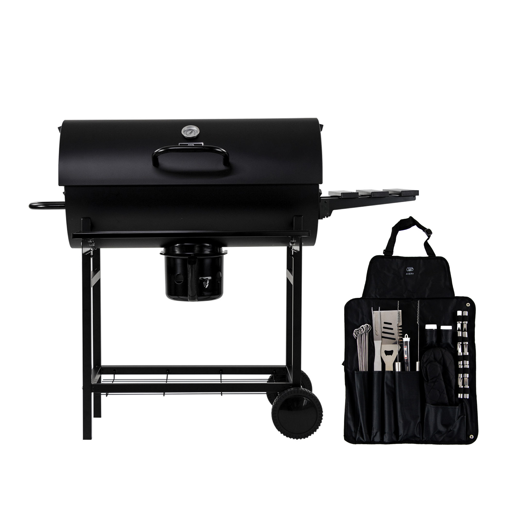 Foto 1 | Combo Asador De Carbón Tipo Tambor Y Kit Parrillero De Utensilios De 28  Piezas Con Mandil, Avera, Acb02ada28, Negro