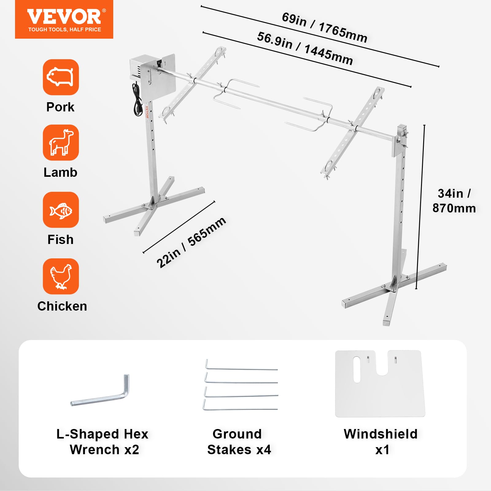 Foto 8 pulgar | Kit De Parrilla Para Asar Vevor, 142 Kg, Acero Inoxidable Con Motor De 52 W - Venta Internacional.