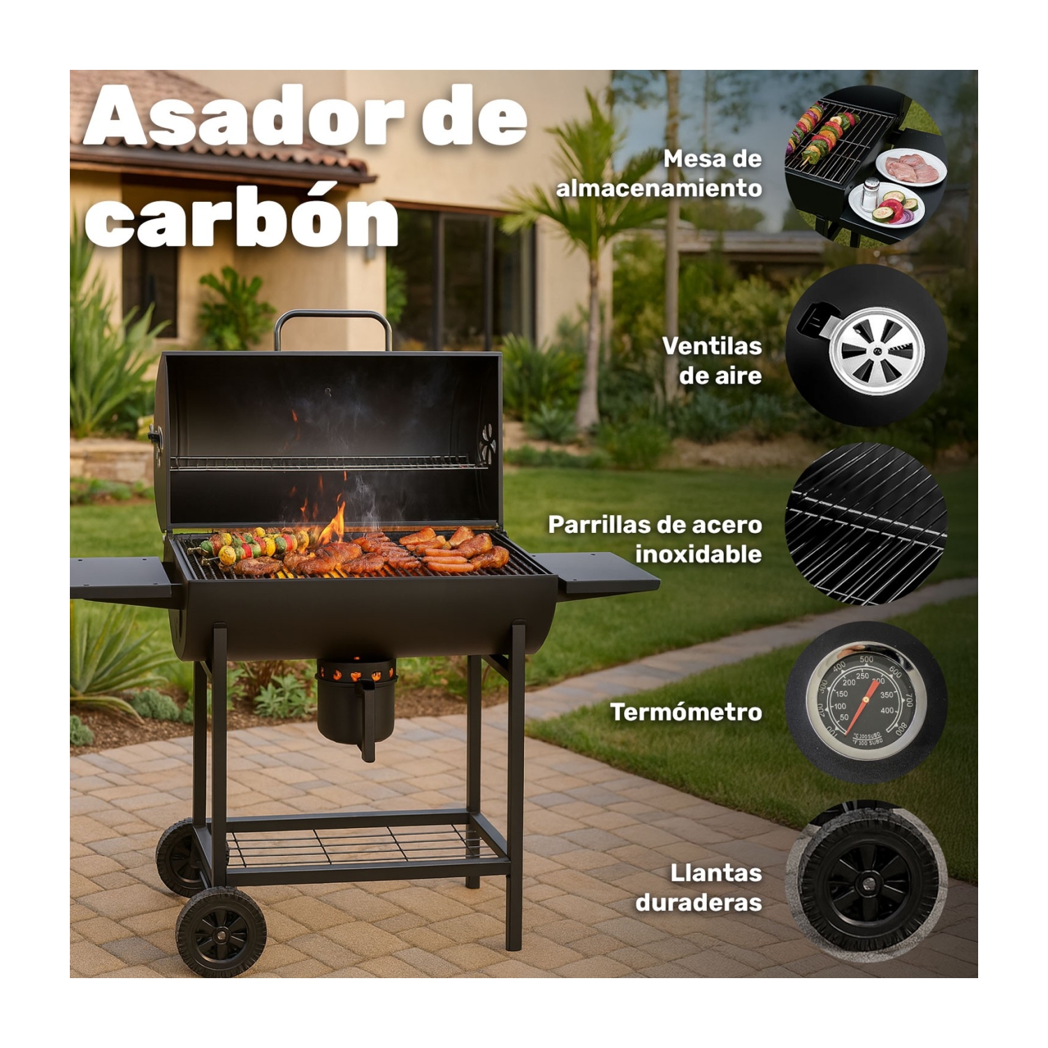 Foto 3 pulgar | Asador Carne Parrilla Carbon Bbq Movil Termometro Cenicero Jardimex