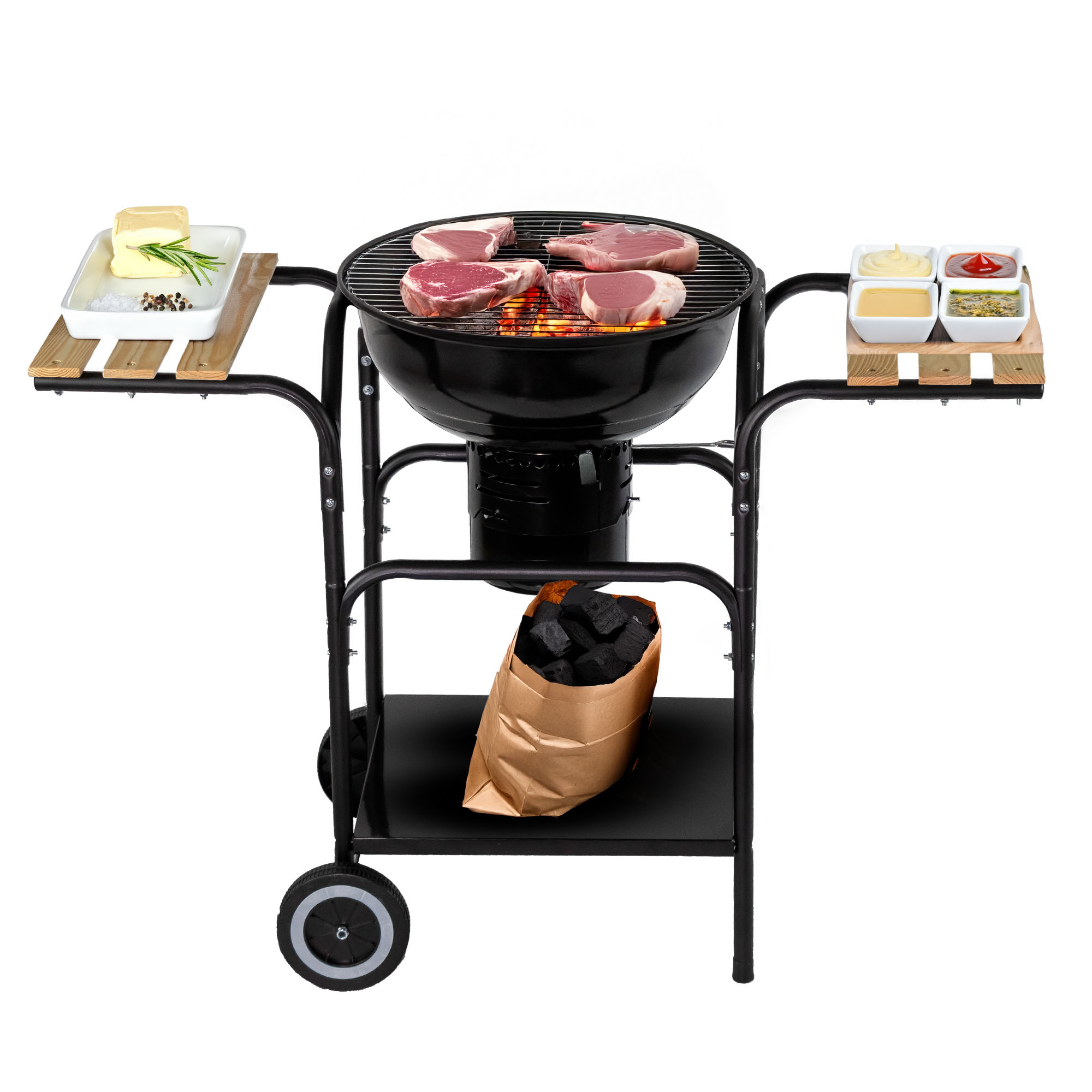 Foto 1 | Asador de Carbón Avera Ac18ml 44 cm con Mesas Laterales de Madera y Ruedas para Transportar