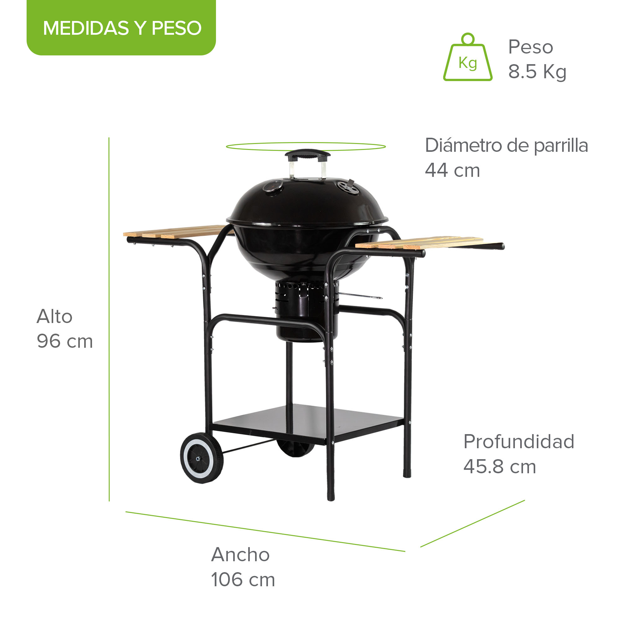 Foto 2 | Asador de Carbón Avera Ac18ml 44 cm con Mesas Laterales de Madera y Ruedas para Transportar
