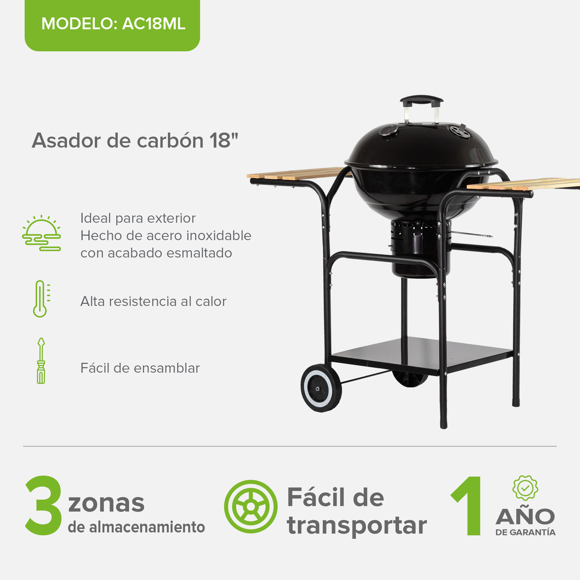 Foto 3 | Asador de Carbón Avera Ac18ml 44 cm con Mesas Laterales de Madera y Ruedas para Transportar