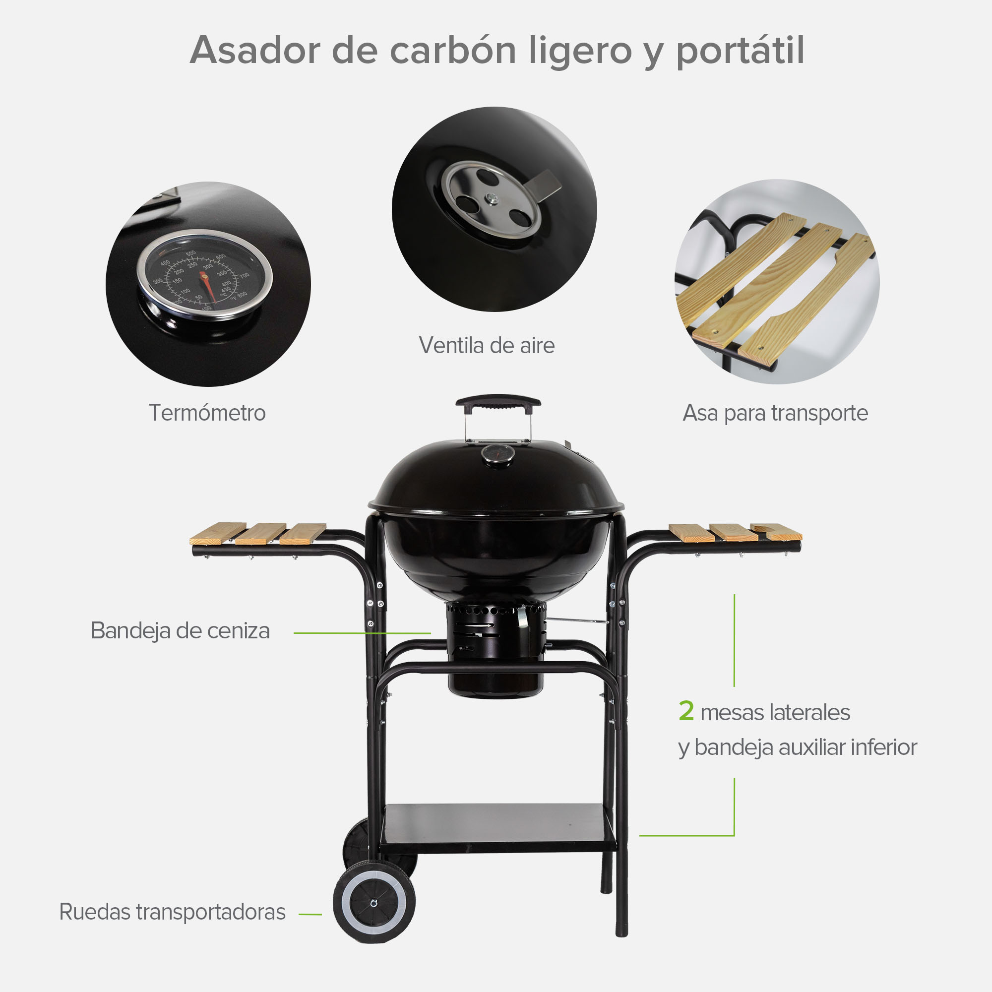 Foto 5 pulgar | Asador de Carbón Avera Ac18ml 44 cm con Mesas Laterales de Madera y Ruedas para Transportar