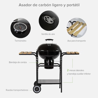 Foto 4 | Asador de Carbón Avera Ac18ml 44 cm con Mesas Laterales de Madera y Ruedas para Transportar
