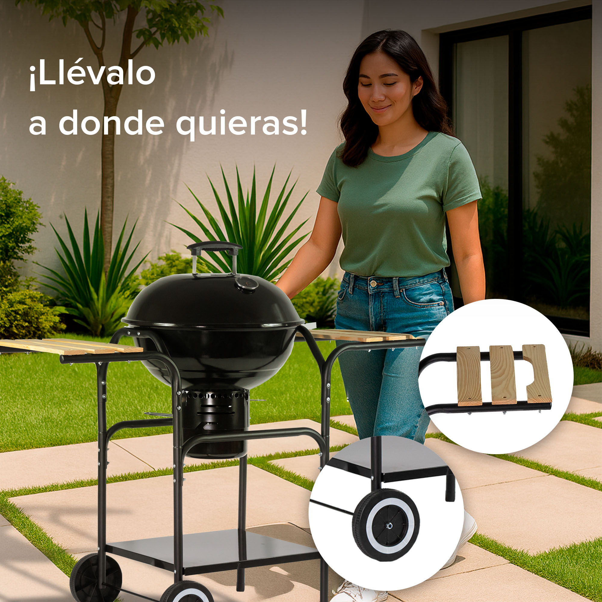 Foto 6 pulgar | Asador de Carbón Avera Ac18ml 44 cm con Mesas Laterales de Madera y Ruedas para Transportar