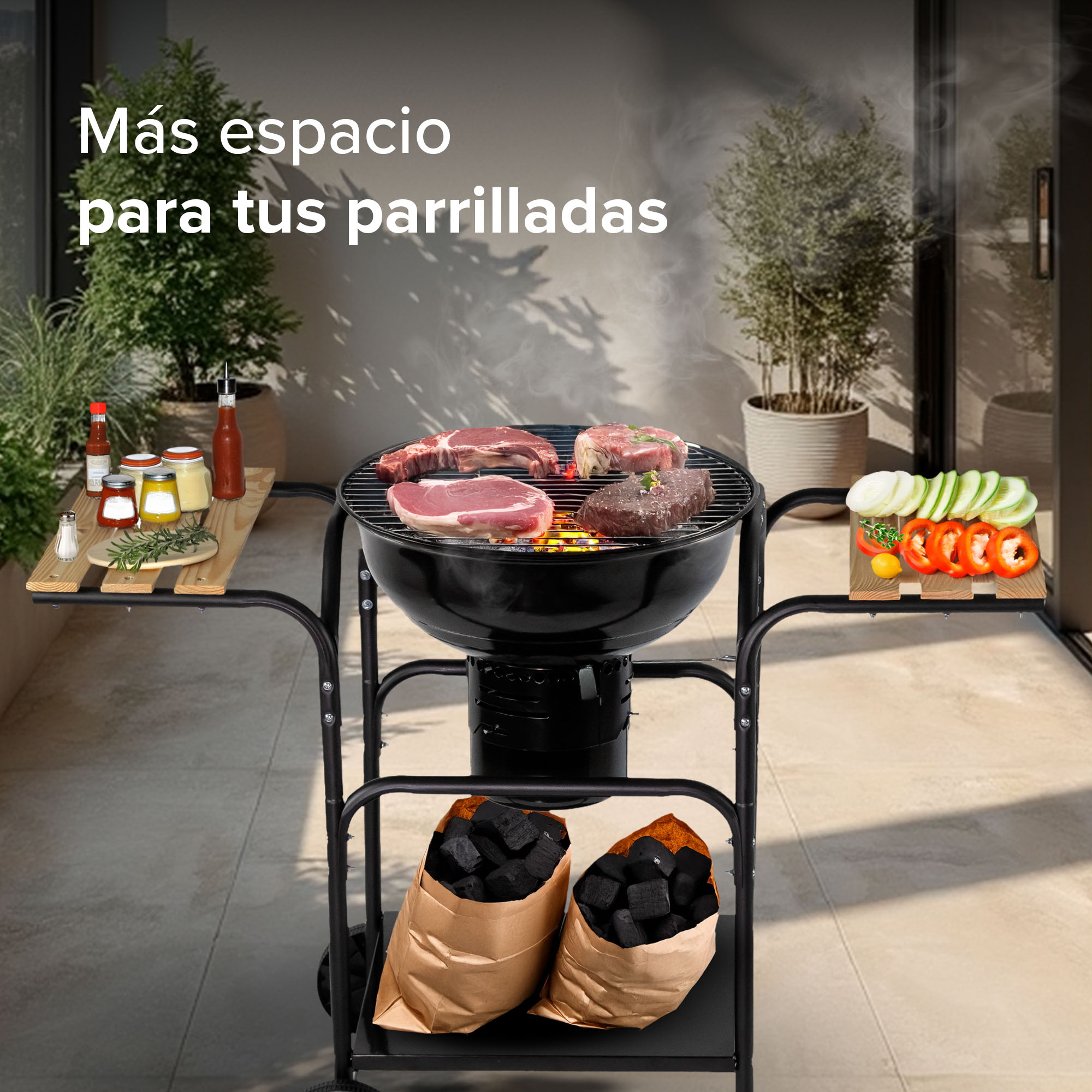 Foto 7 pulgar | Asador de Carbón Avera Ac18ml 44 cm con Mesas Laterales de Madera y Ruedas para Transportar