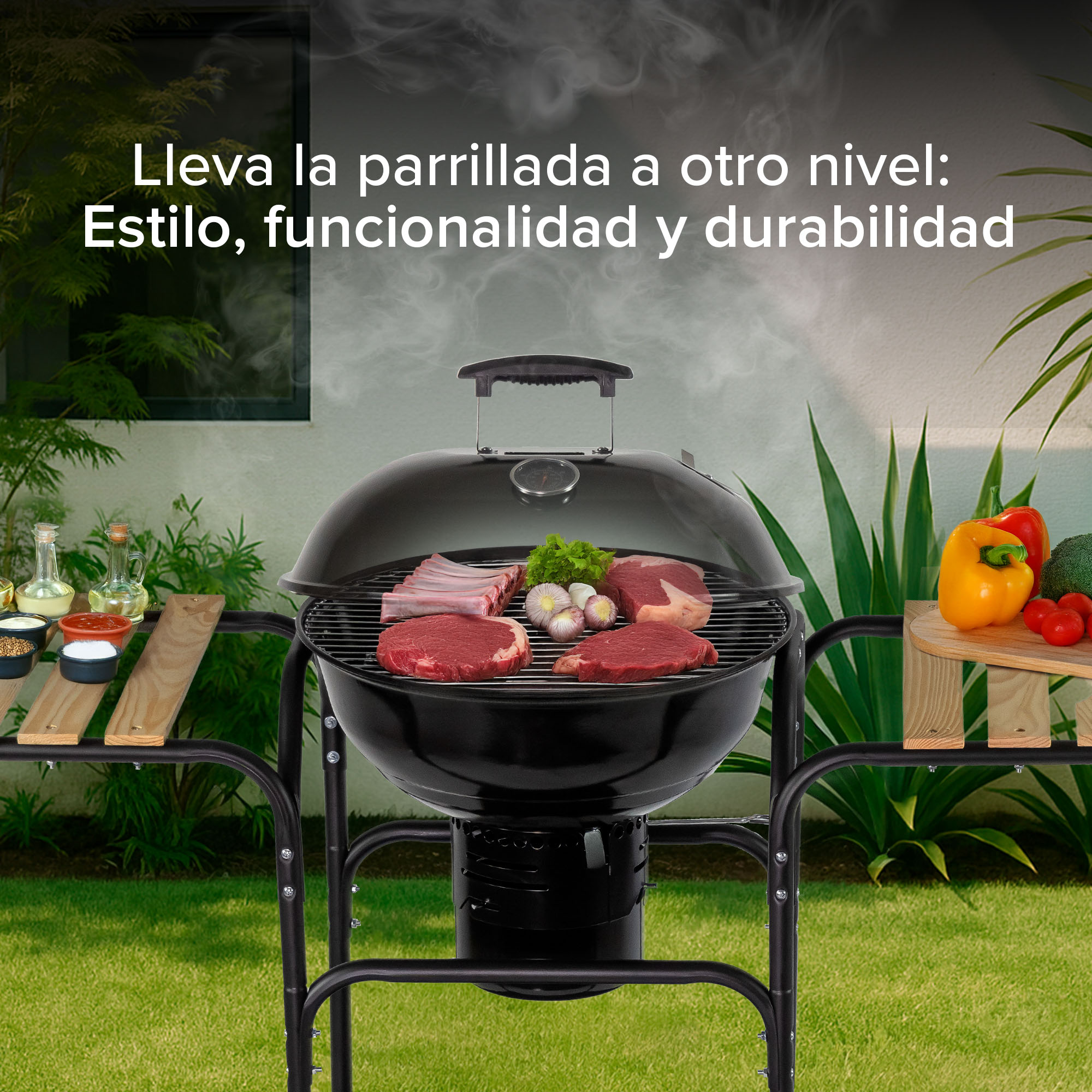 Foto 8 pulgar | Asador de Carbón Avera Ac18ml 44 cm con Mesas Laterales de Madera y Ruedas para Transportar