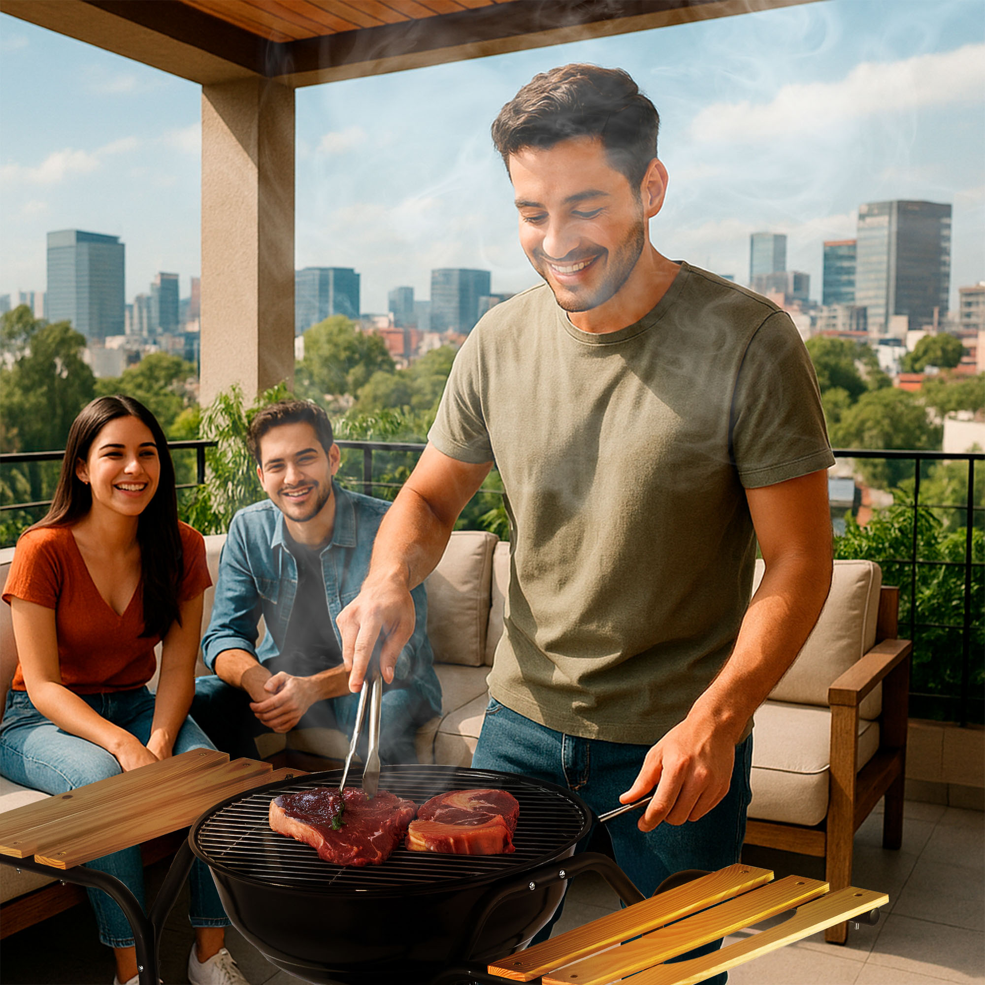 Foto 8 | Asador de Carbón Avera Ac18ml 44 cm con Mesas Laterales de Madera y Ruedas para Transportar