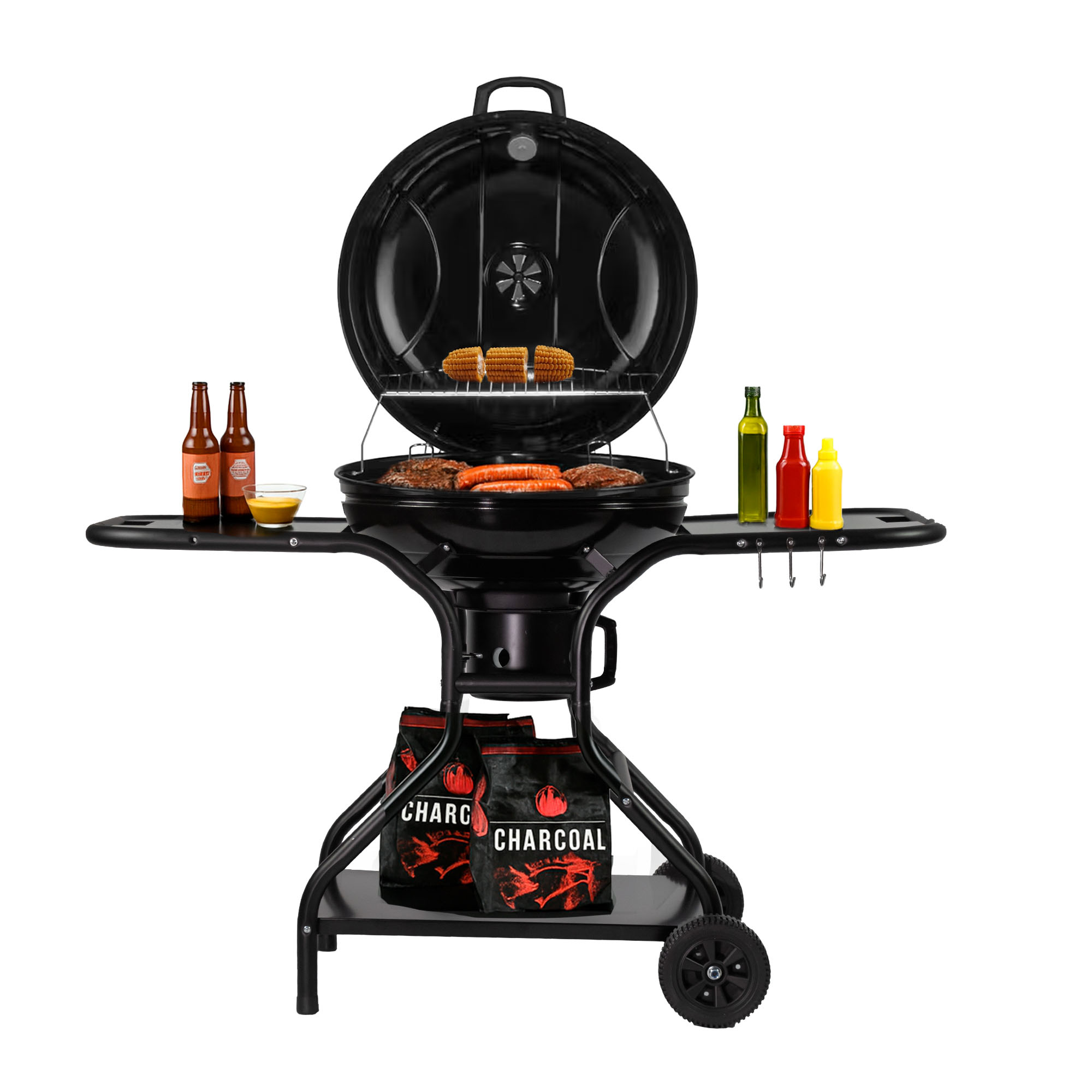 Asador De Carbón Portátil 22'' Con Mesas Laterales Acero Inoxidable Y Ruedas Para Transporta Avera Ac22ml
