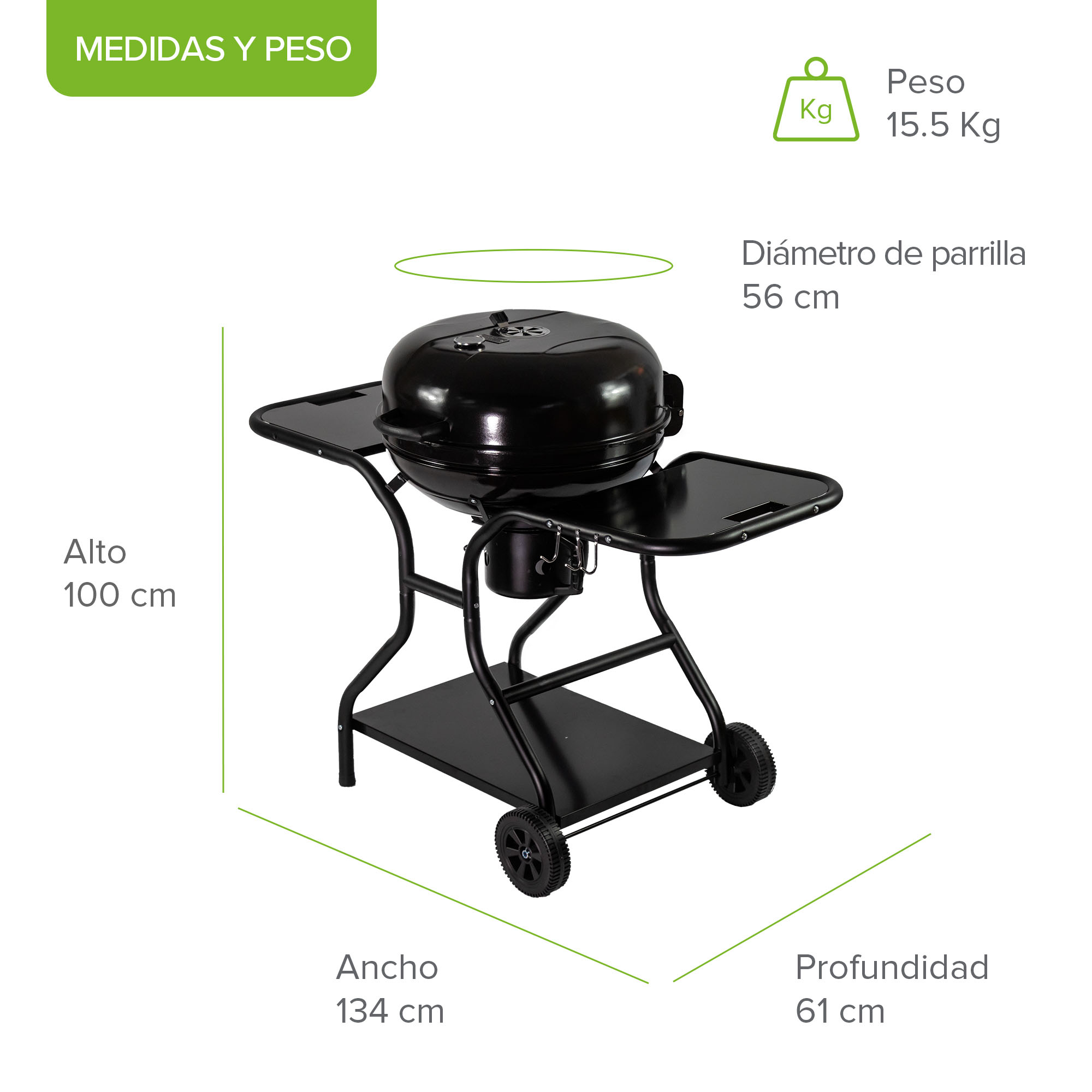 Foto 3 pulgar | Asador de Carbón Avera Ac22ml Portátil 22'' con Mesas Laterales Acero Inoxidable y Ruedas para Transportar