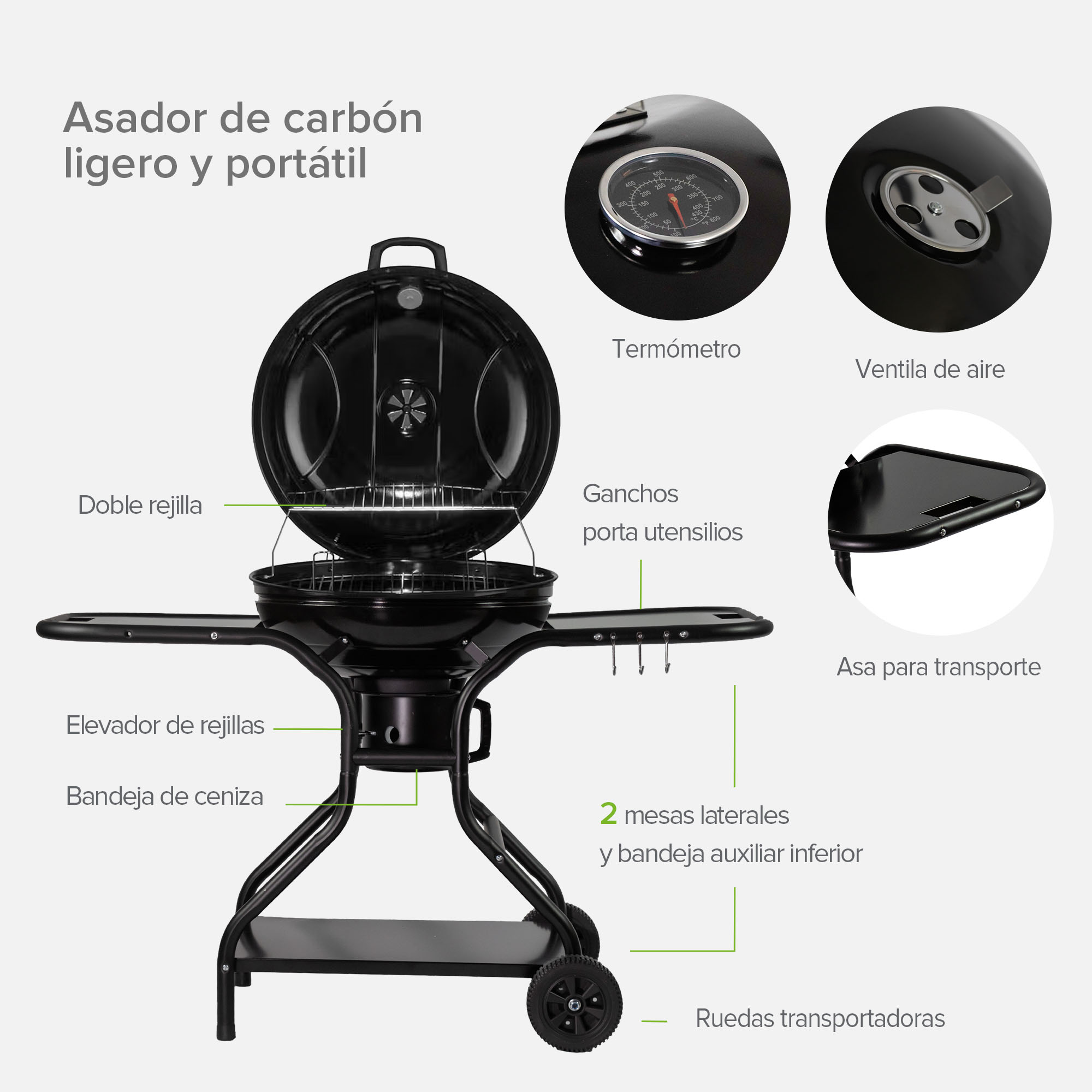 Foto 4 | Asador de Carbón Avera Ac22ml Portátil 22'' con Mesas Laterales Acero Inoxidable y Ruedas para Transportar
