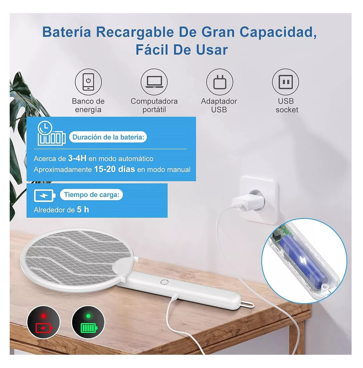 Foto 4 pulgar | Raqueta Eléctrica Mata Moscas Y Mosquitos Recargable Luz Led Blanco