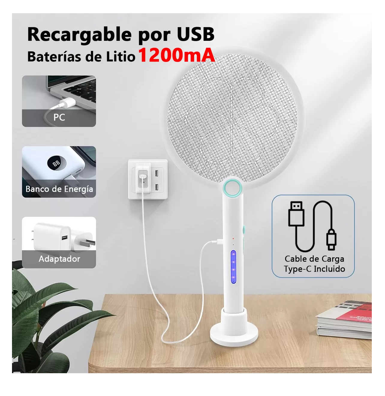 Foto 4 pulgar | Raqueta Eléctrica Recargable Mata Moscas Y Mosquitos Blanca