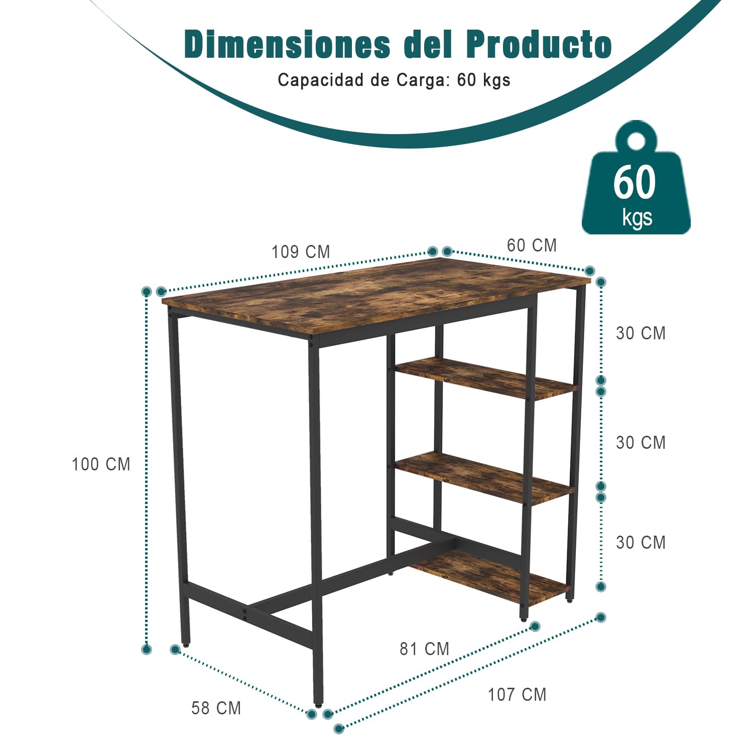 Foto 4 pulgar | Mesa De Bar Furniturer Filgen Marrón 109 X 60 X 100 Cm